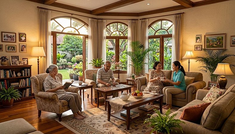 Serene senior group home living facility featuring a warm, home-like communal lounge for residents