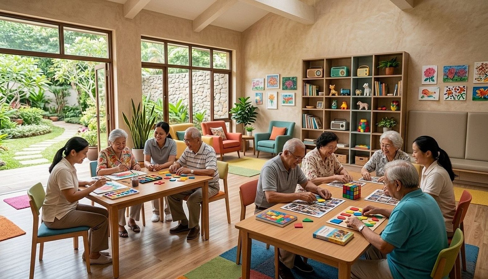 Participants of the Dementia Day Program enjoying group cognitive activities in a welcoming activity center