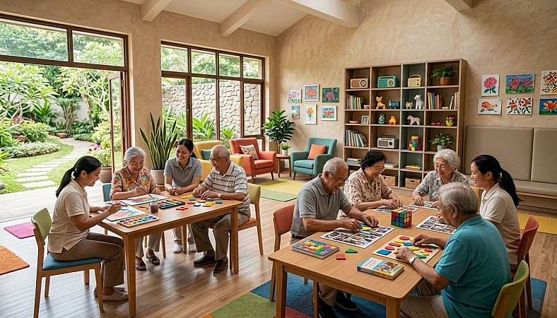 Participants of the Dementia Day Program enjoying group cognitive activities in a welcoming activity center