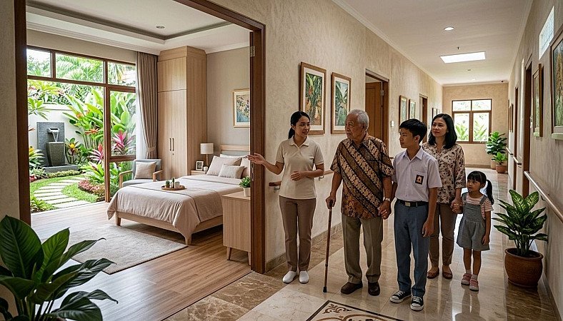Senior resident and family touring comfortable private rooms and landscaped gardens at a memory care facility