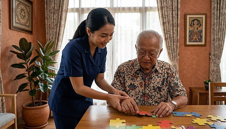 Certified caregiver professionally assisting an elderly resident with compassionate care and specialized skills