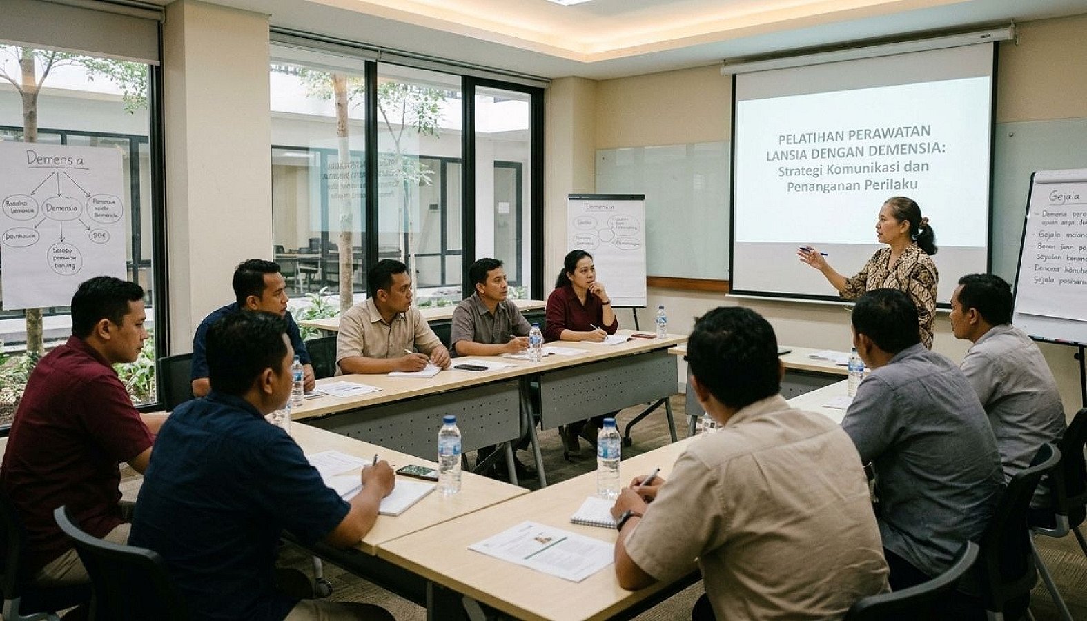 Continuous professional development workshop session for senior caregiving staff specializing in dementia care