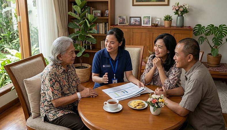 Diskusi hangat antara keluarga dan caregiver profesional mengenai perawatan lansia Alzheimer