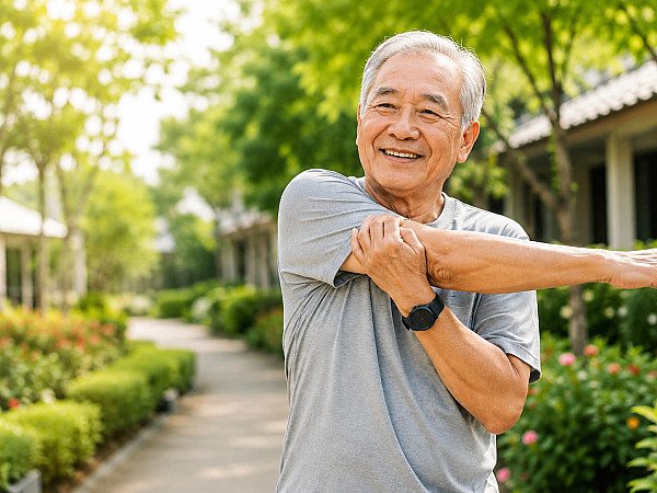 Smiling older adult stretching outdoors in a green garden