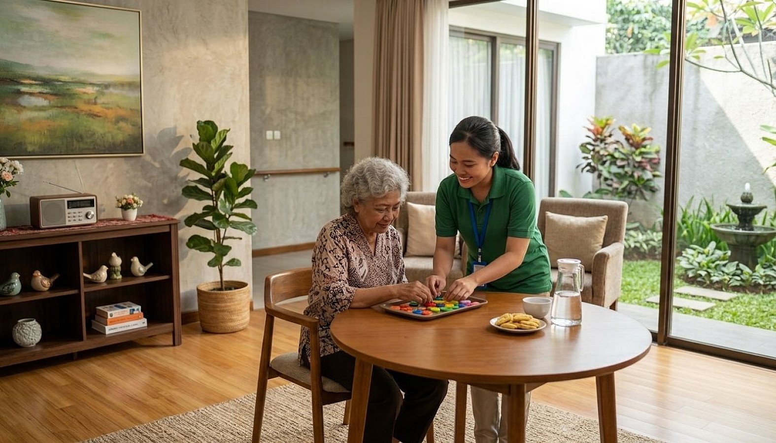 Caregiver terlatih mendampingi lansia dengan demensia dalam aktivitas harian di hunian yang aman