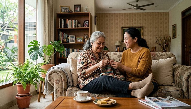An adult child gently guiding their aging mother with dementia through relaxed afternoon activities