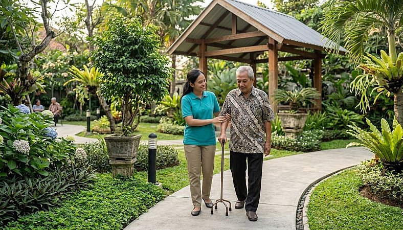 Professional caregiver assisting an elderly resident during an outdoor walk in a serene senior living garden