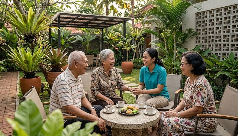 A cheerful group of senior residents with dementia sharing heartwarming social conversations with caregivers